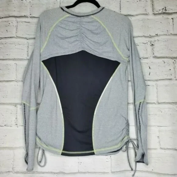 Lucy Tech Striped Ruched Top Womens Large Gray Thumb Hole Pullover Crew Shirt - Picture 8 of 9